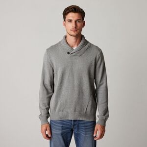 Men's Gray Shawl Turtleneck Sweater with Button Detail
